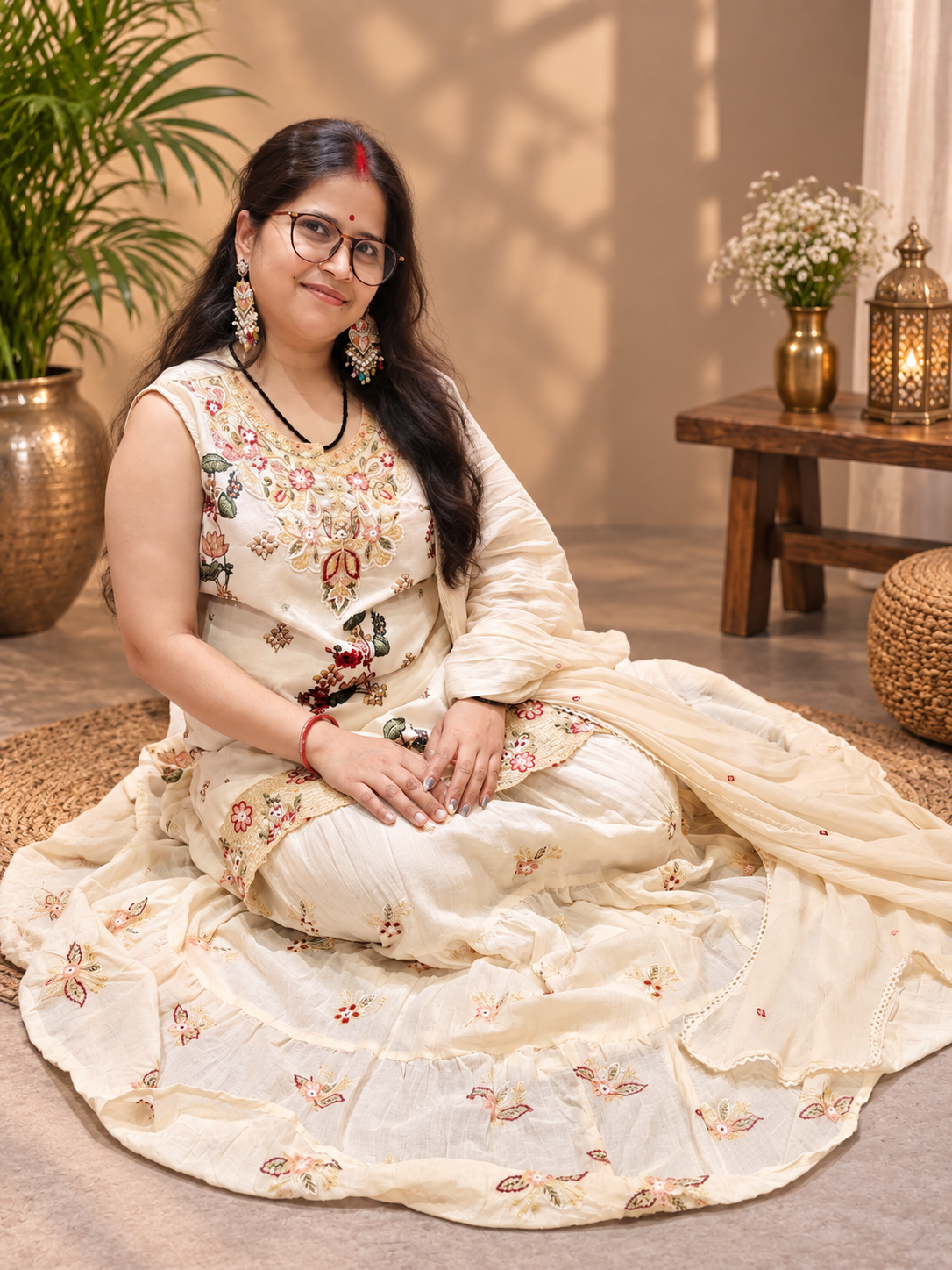 Ivory Floral Printed Cotton Kurta Set with Mul Cotton Skirt