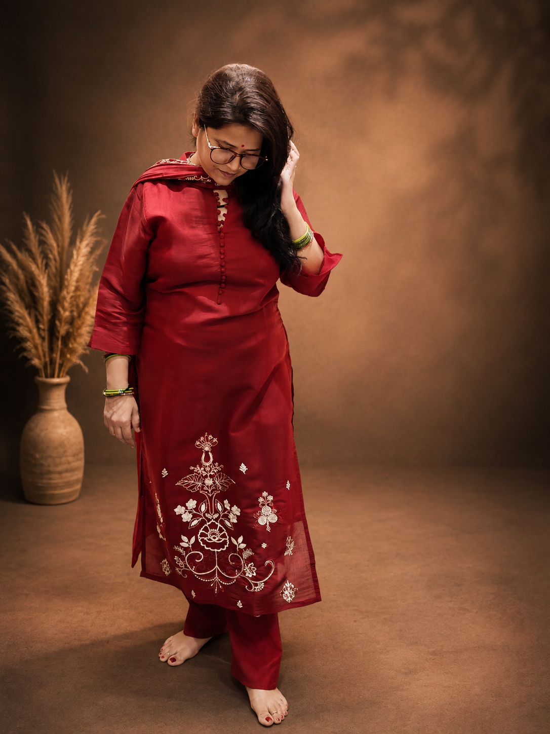 Maroon Floral Embroidered 3-Piece Suit Set