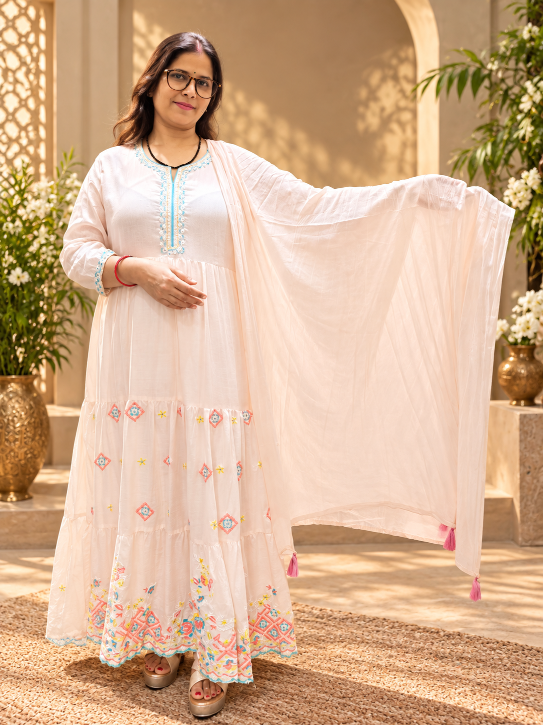 Peach Cotton Mul Anarkali 3-Piece Suit with Printed Border & Dupatta