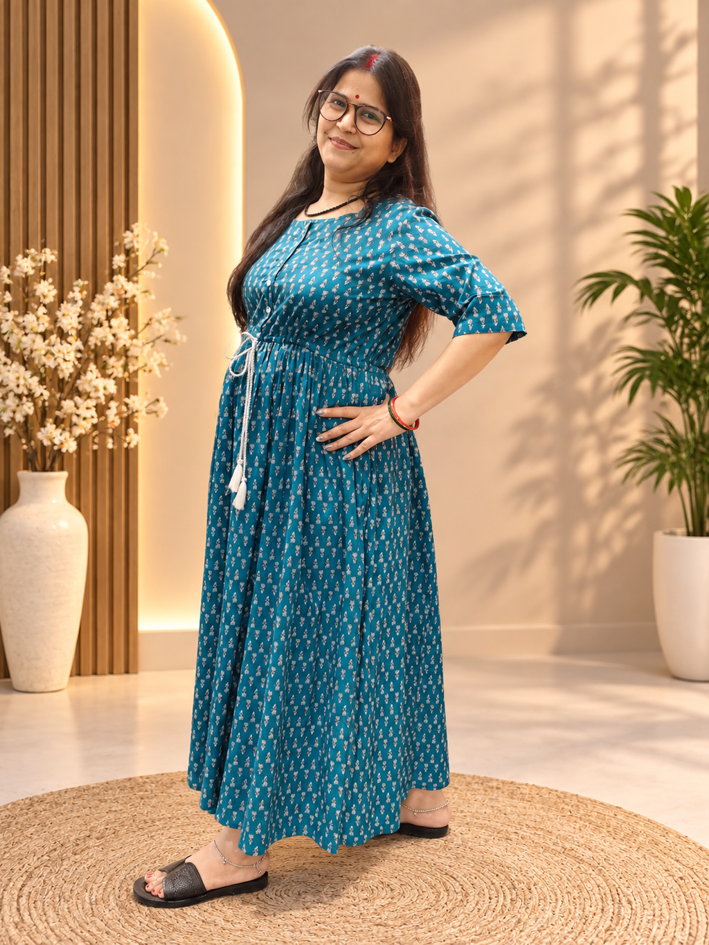 Teal Blue Printed Cotton Kurti Dress