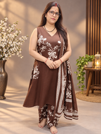 Chocolate Brown Floral Printed Cotton Suit Set with Dupatta