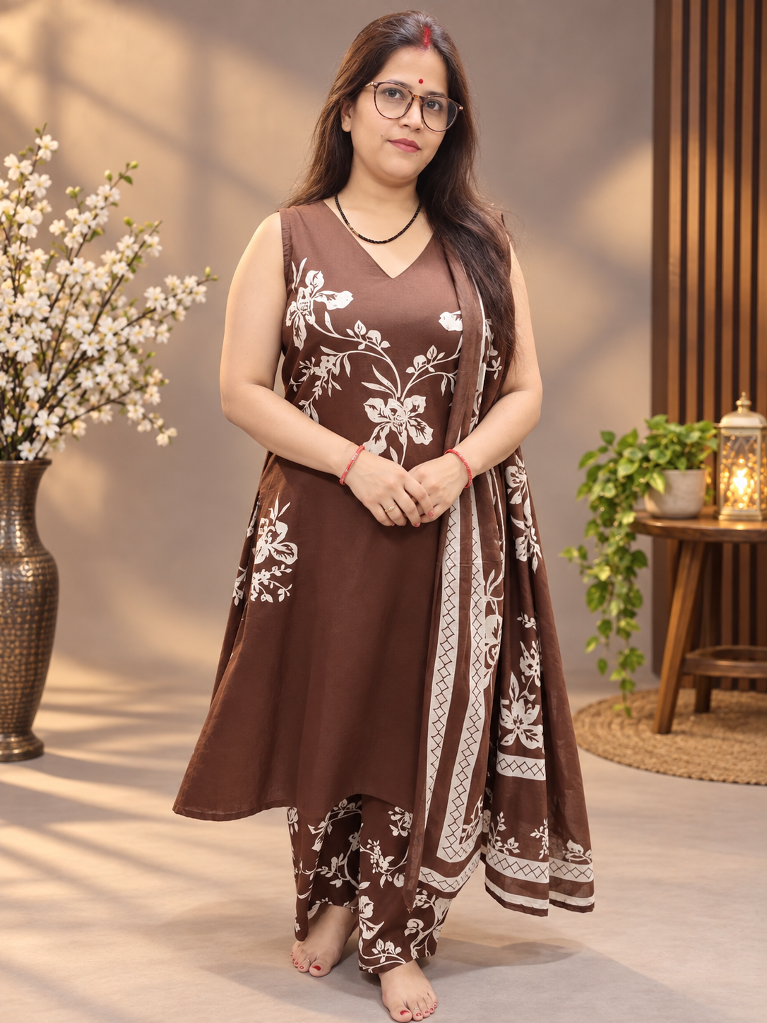 Chocolate Brown Floral Printed Cotton Suit Set with Dupatta