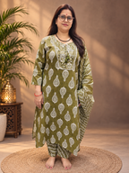 Olive Green Cotton Printed Kurta Pant & Dupatta Set