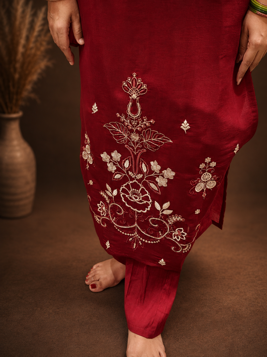 Maroon Floral Embroidered 3-Piece Suit Set