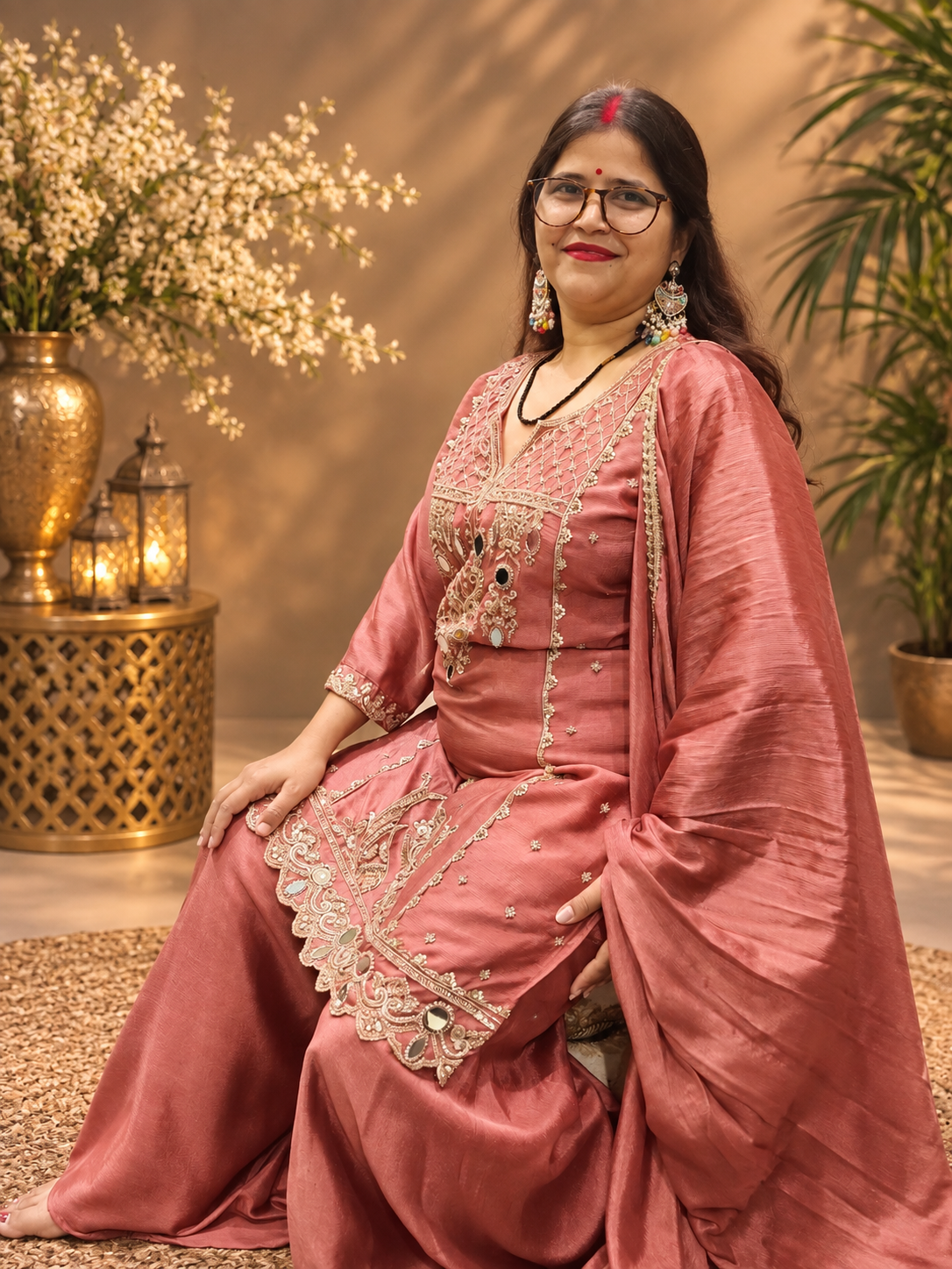 Dusty Rose Mirror Work Sharara Suit Set