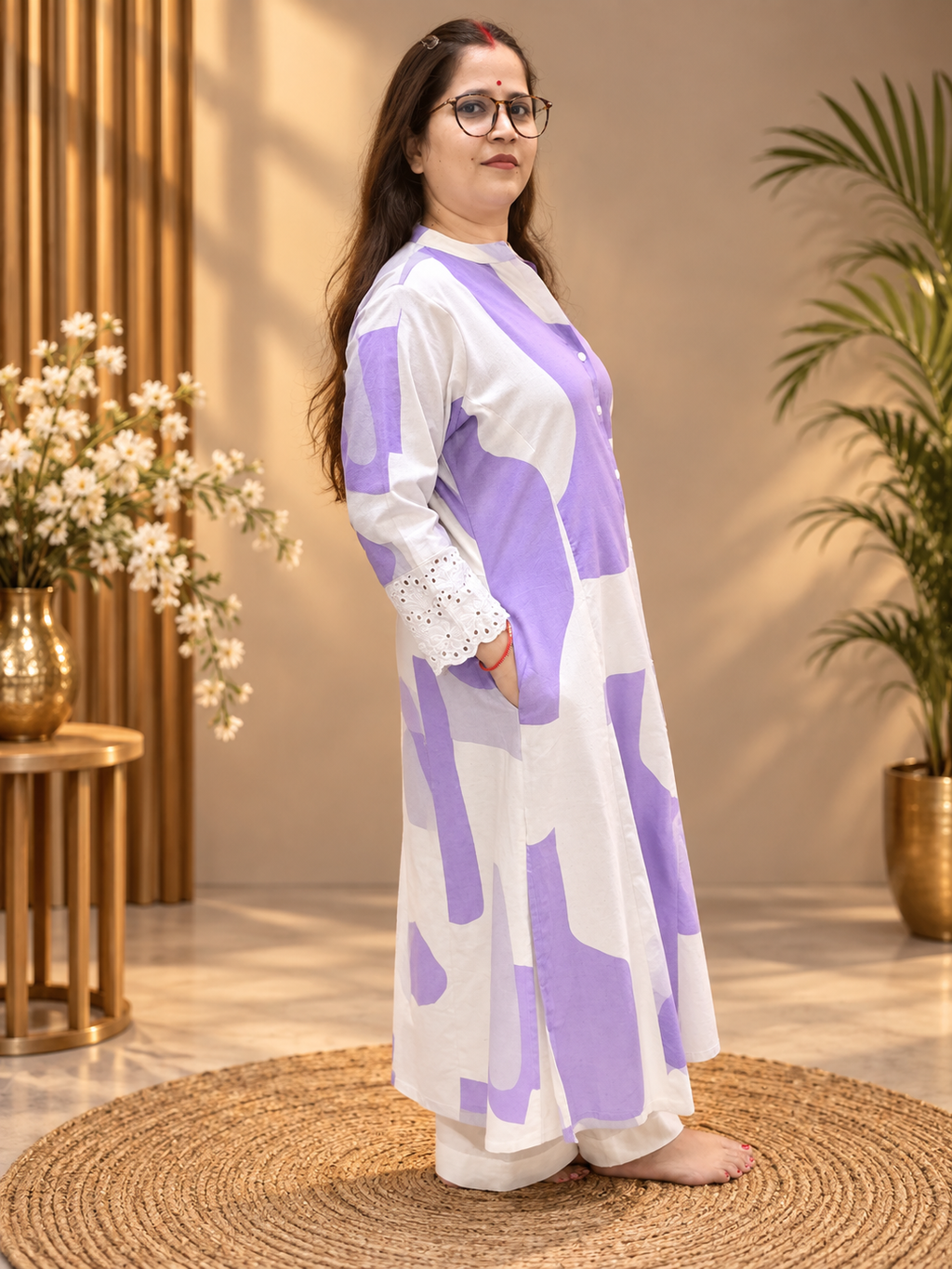Lavender & White Printed Cotton Kurti with Eyelet Sleeves
