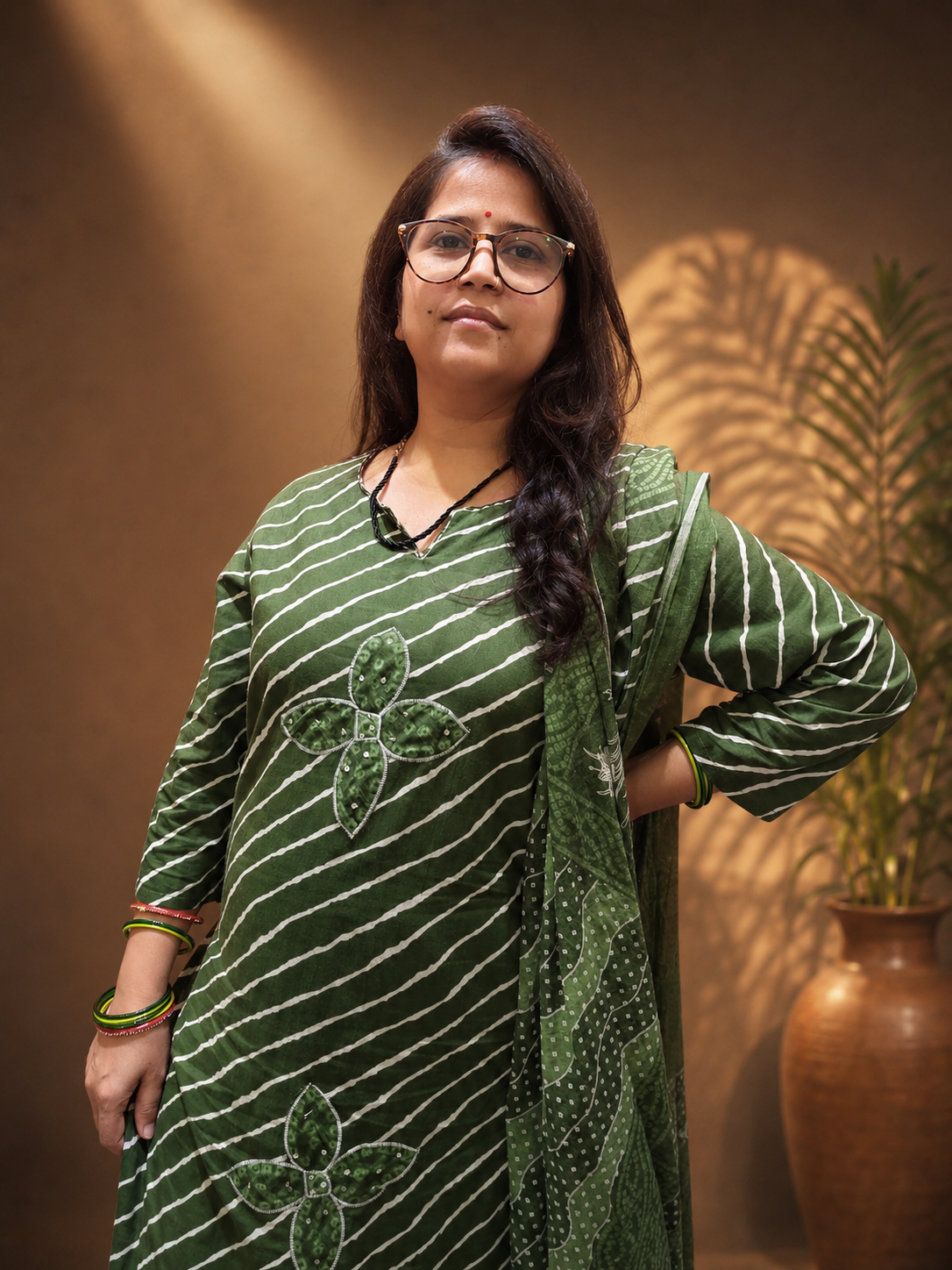 Premium Cotton Leheriya 3-Piece Suit Set with Bandhni Print Bottom & Dupatta