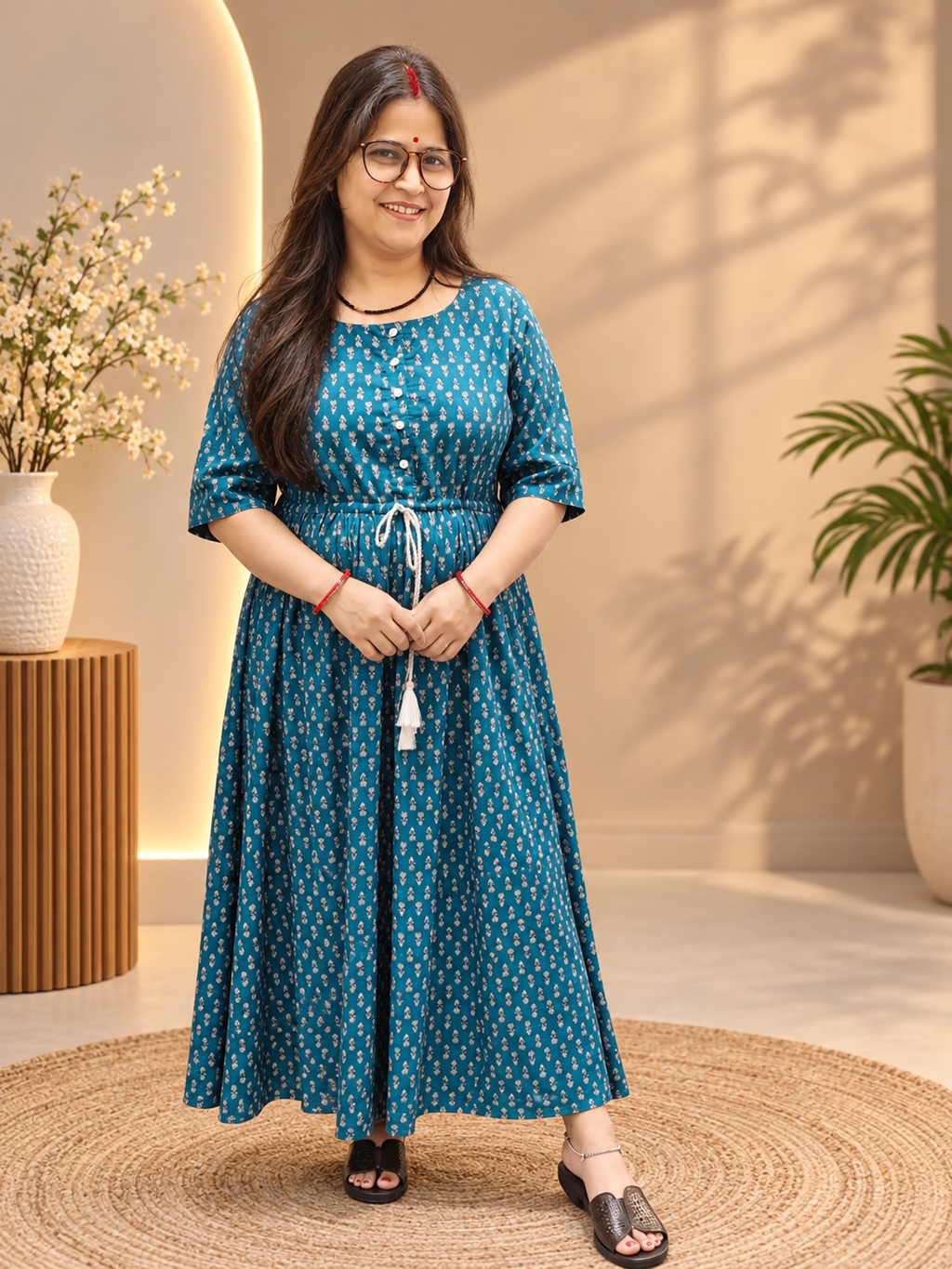 Teal Blue Printed Cotton Kurti Dress