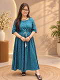 Teal Blue Printed Cotton Kurti Dress