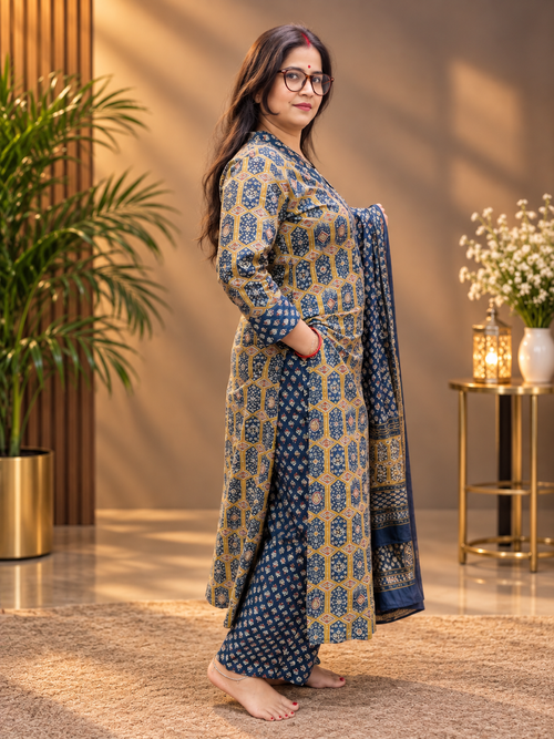 Blue Printed Cotton Kurta Pant Dupatta Set | 3-Piece Cotton Suit Set