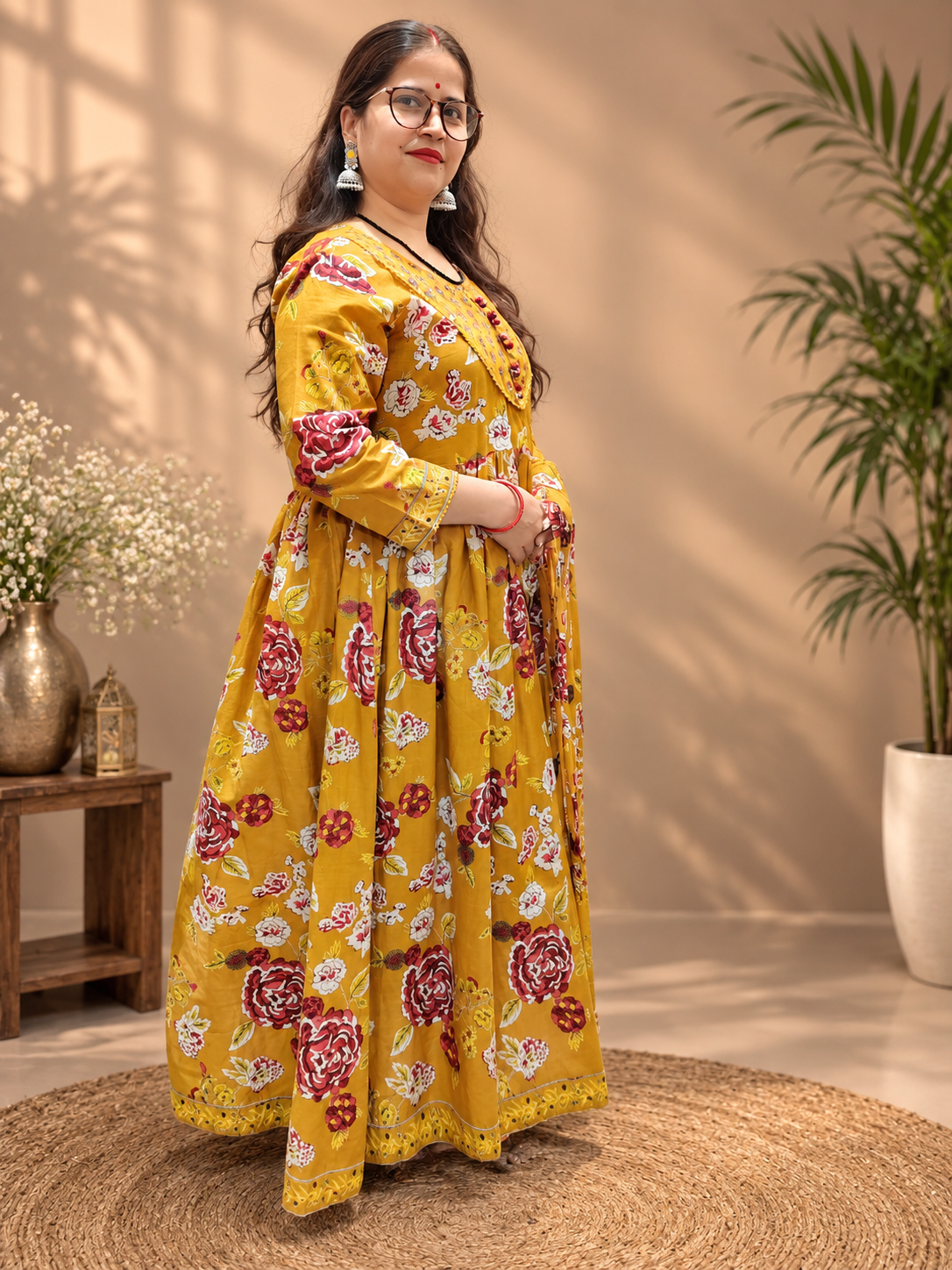 Mustard Yellow Floral Cotton Anarkali Suit Set