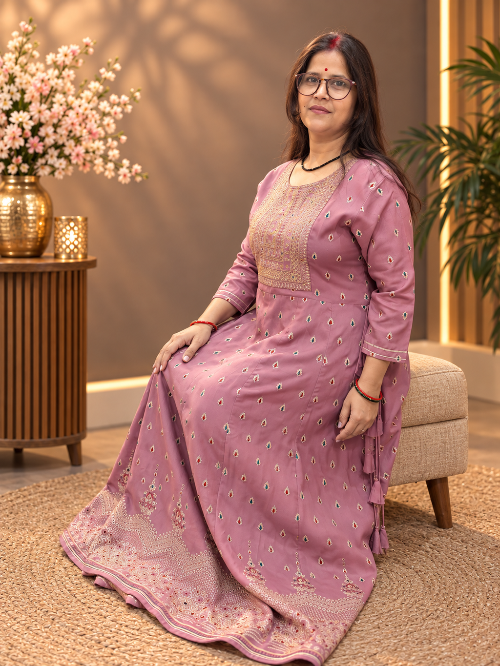 Dusty Mauve Rayon Printed Anarkali Long Kurti Dress