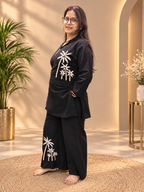 Black Cotton Co-ord Set with Palm Tree Embroidery
