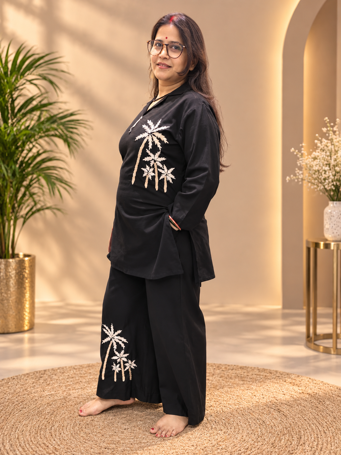 Black Cotton Co-ord Set with Palm Tree Embroidery