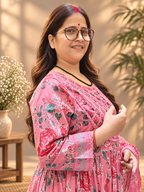 Pink Floral Printed Cotton Anarkali Suit Set