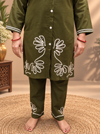 Olive Green Cotton Embroidered Co-ord Set