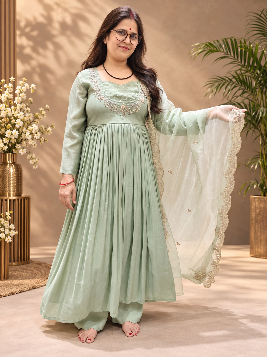 Pastel Sage Green Chanderi Anarkali Suit Set with Organza Dupatta