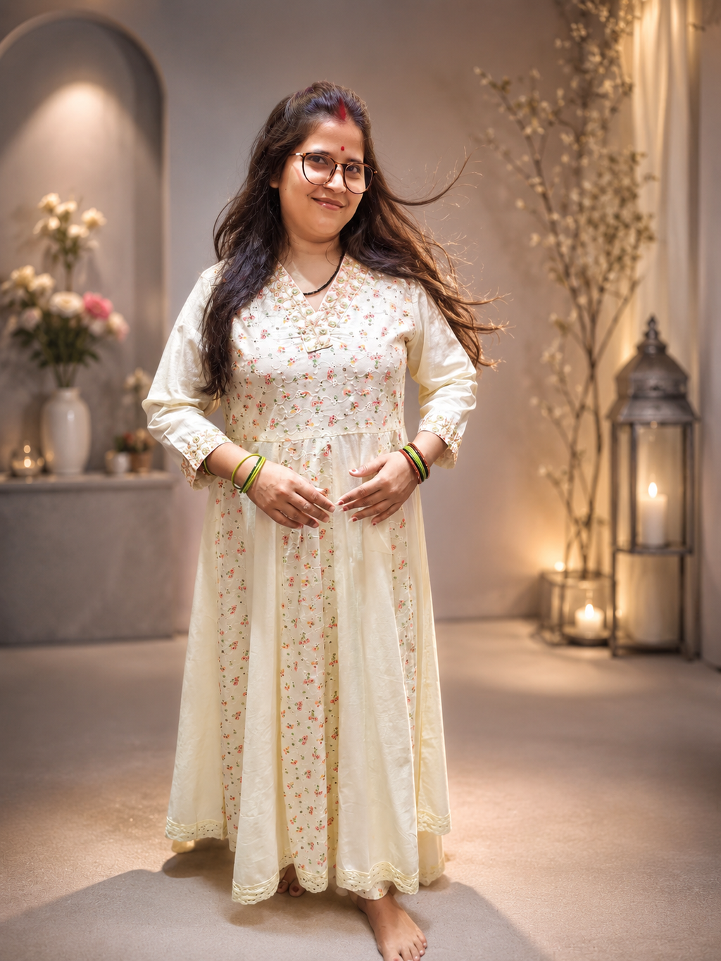Ivory Cotton Co-ord Set with Sifli Print – Anarkali Silhouette