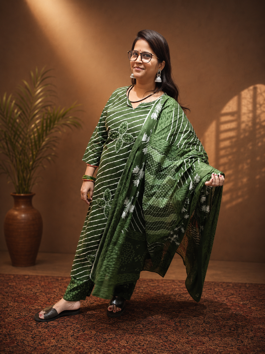 Premium Cotton Leheriya 3-Piece Suit Set with Bandhni Print Bottom & Dupatta