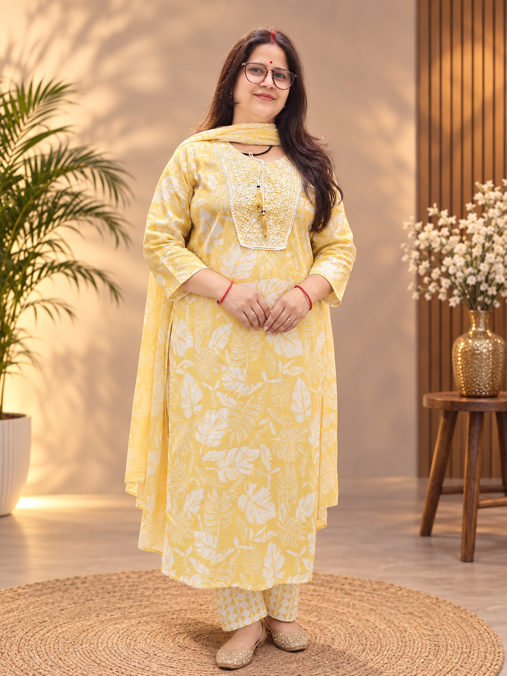 Pastel Lemon Yellow Printed Cotton Suit Set with Dupatta