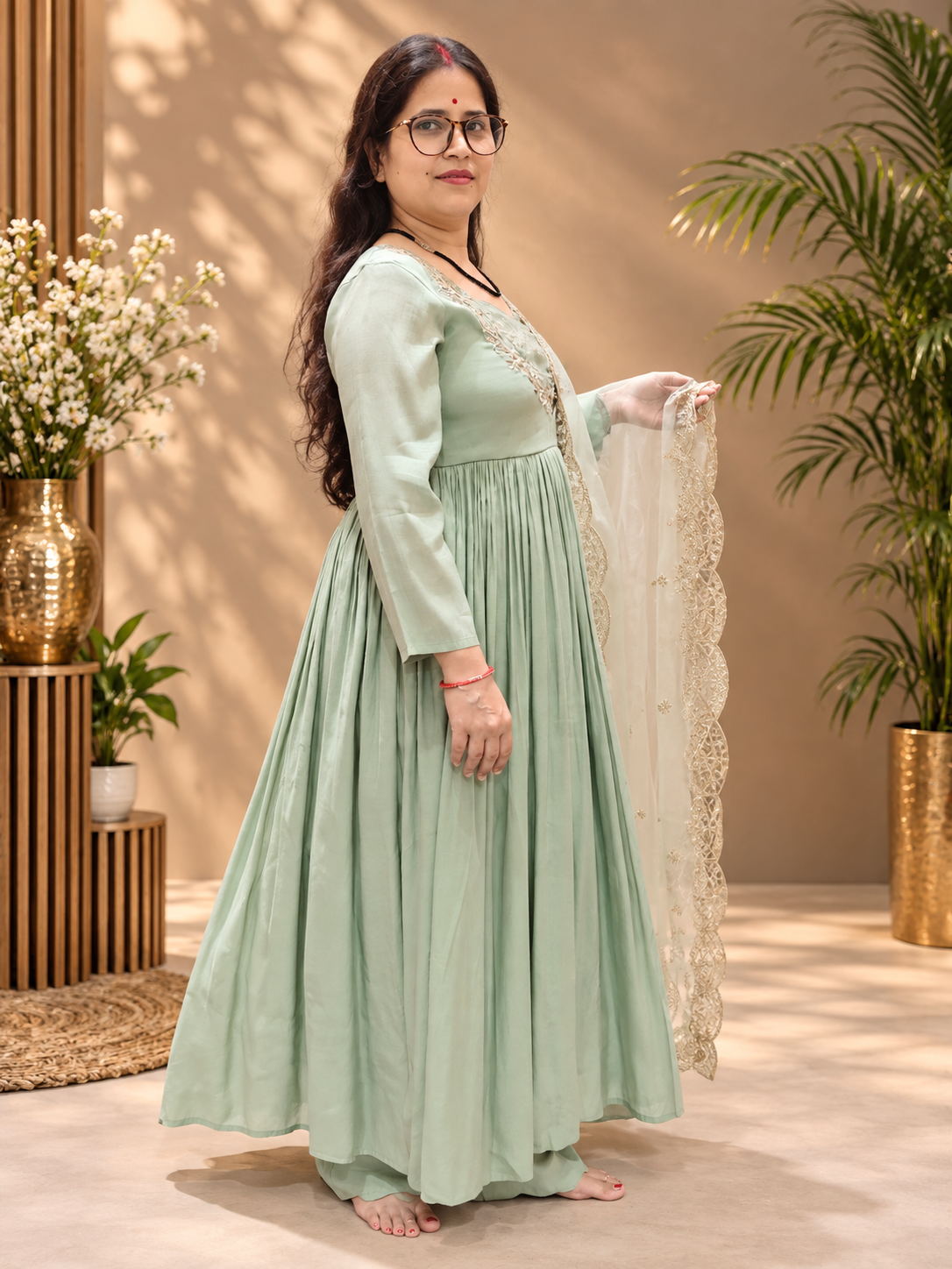 Pastel Sage Green Chanderi Anarkali Suit Set with Organza Dupatta