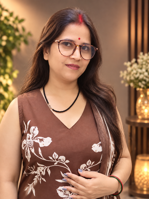 Chocolate Brown Floral Printed Cotton Suit Set with Dupatta