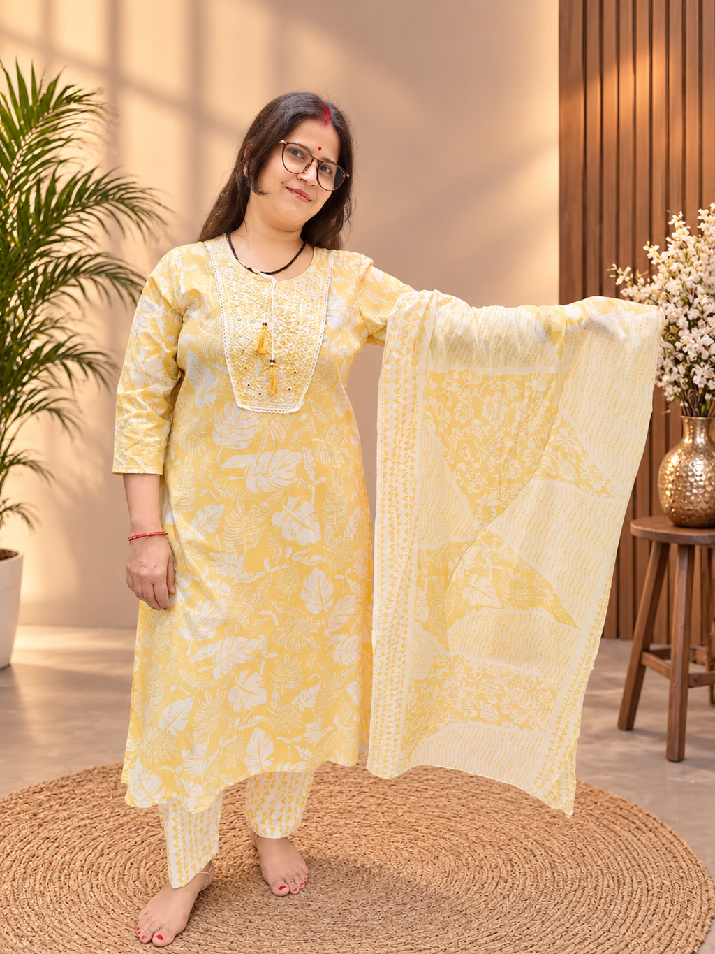 Pastel Lemon Yellow Printed Cotton Suit Set with Dupatta