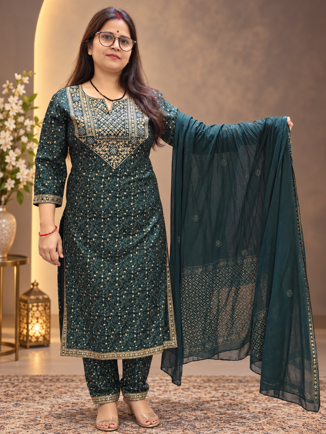 Bottle Green Rayon Printed Suit Set with Dupatta