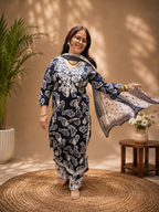 Indigo Printed 3-Piece Suit Set with White Thread Embroidery & Palazzo