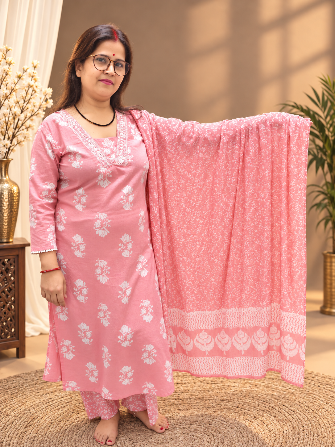 Pastel Pink Floral Printed Cotton Suit Set with Dupatta