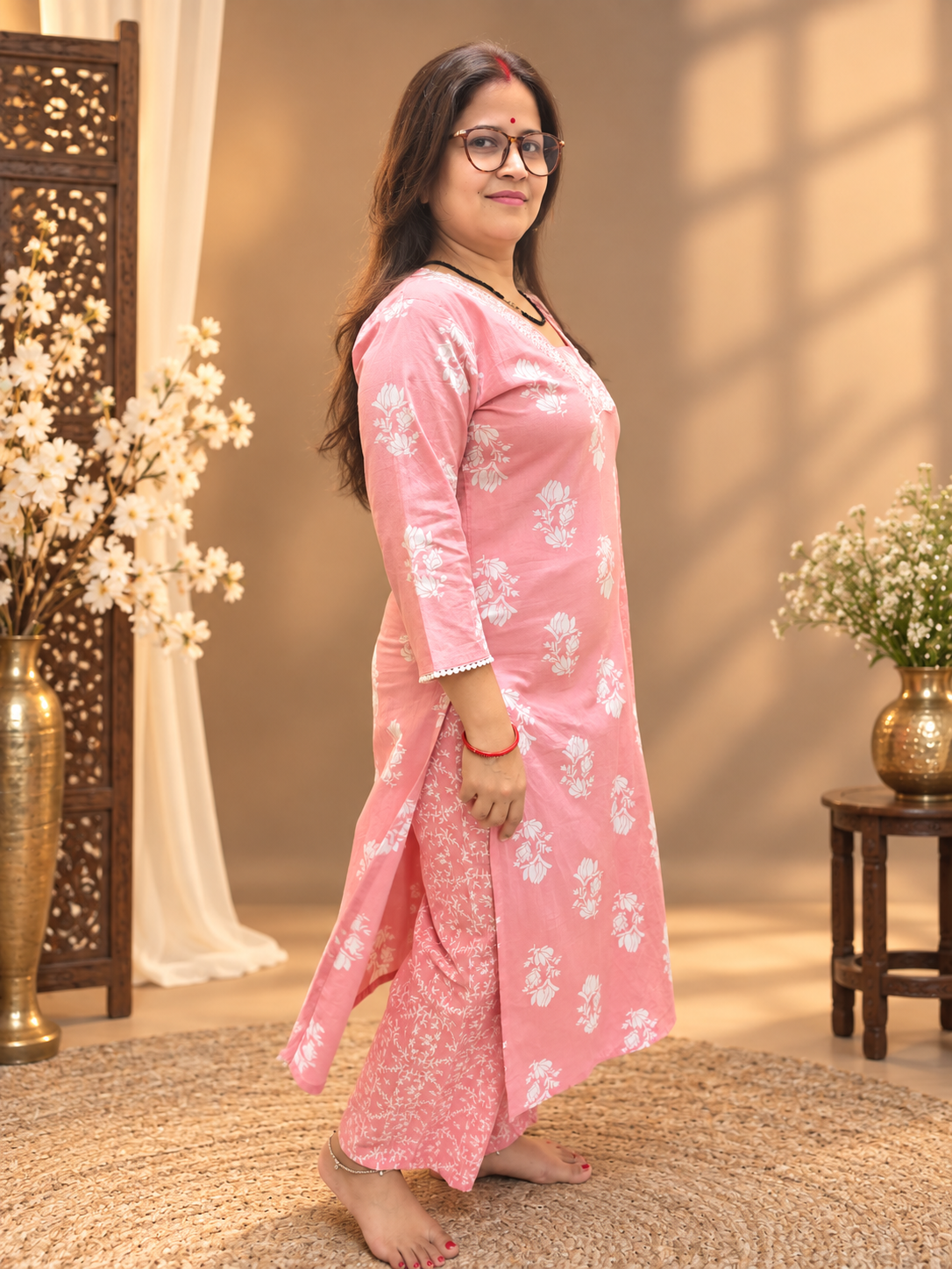 Pastel Pink Floral Printed Cotton Suit Set with Dupatta