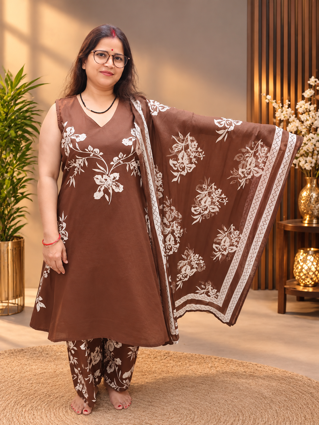 Chocolate Brown Floral Printed Cotton Suit Set with Dupatta