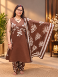 Chocolate Brown Floral Printed Cotton Suit Set with Dupatta