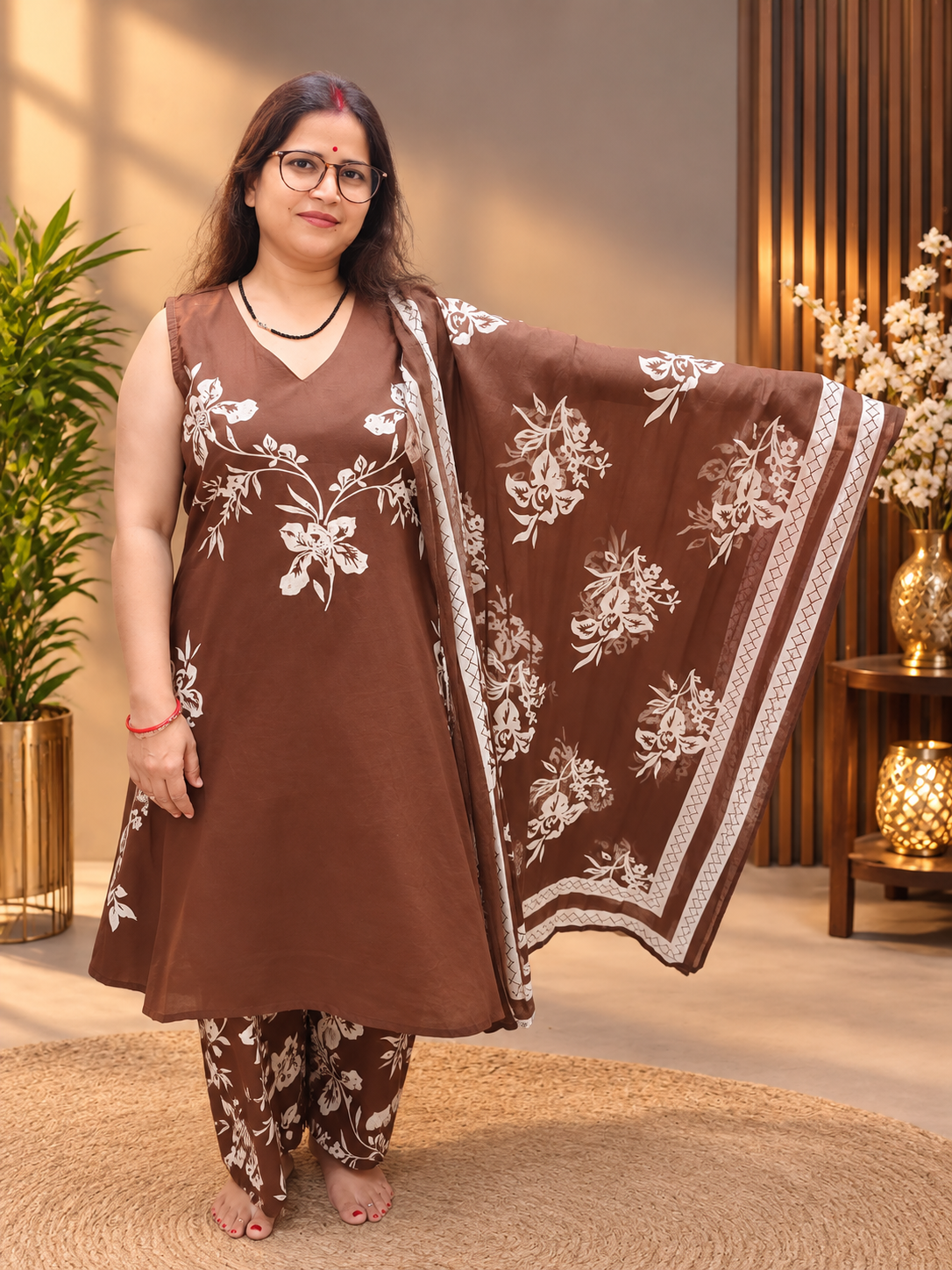 Chocolate Brown Floral Printed Cotton Suit Set with Dupatta