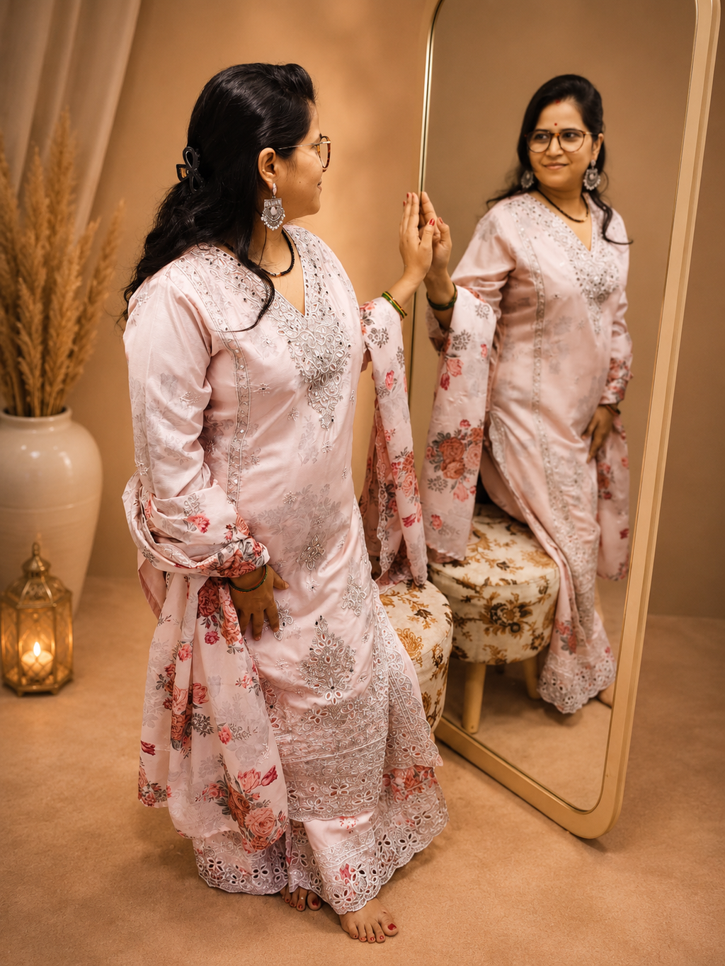 Blush Pink Floral Embroidered 3-Pcs Suit Set