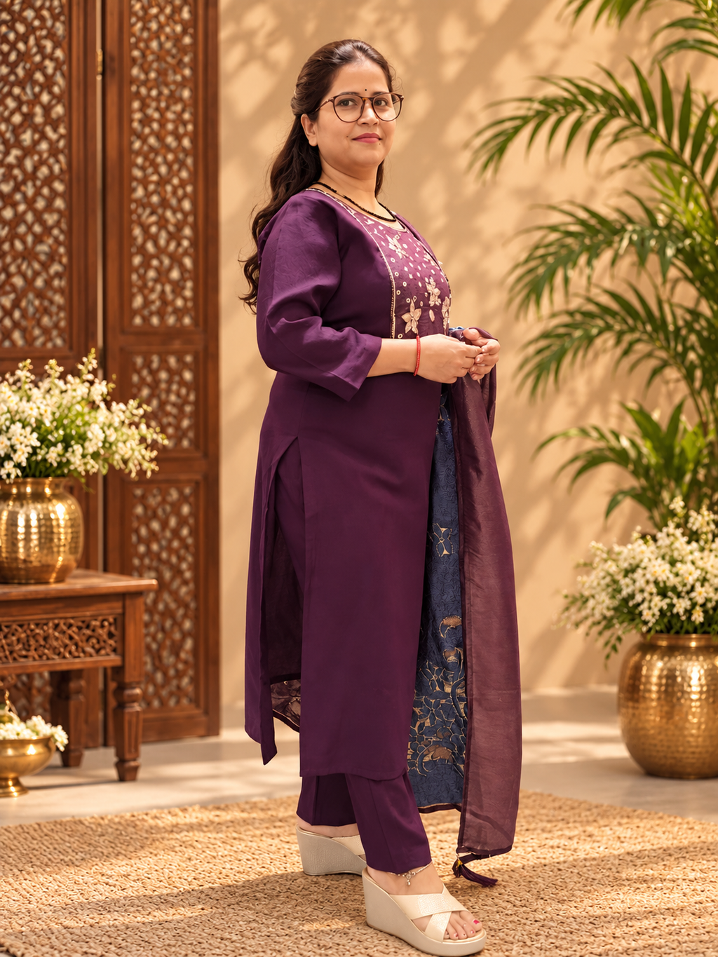 Wine Cotton Suit Set with Jacquard Dupatta