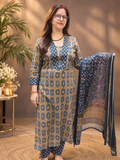 Blue Printed Cotton Kurta Pant Dupatta Set | 3-Piece Cotton Suit Set