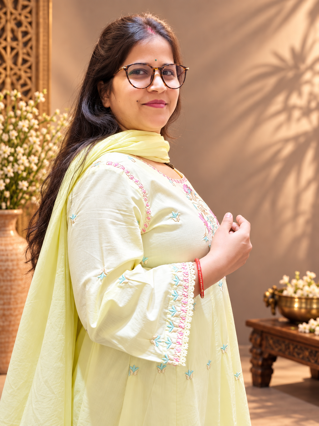 Pastel Yellow Cotton Embroidered Anarkali Suit Set