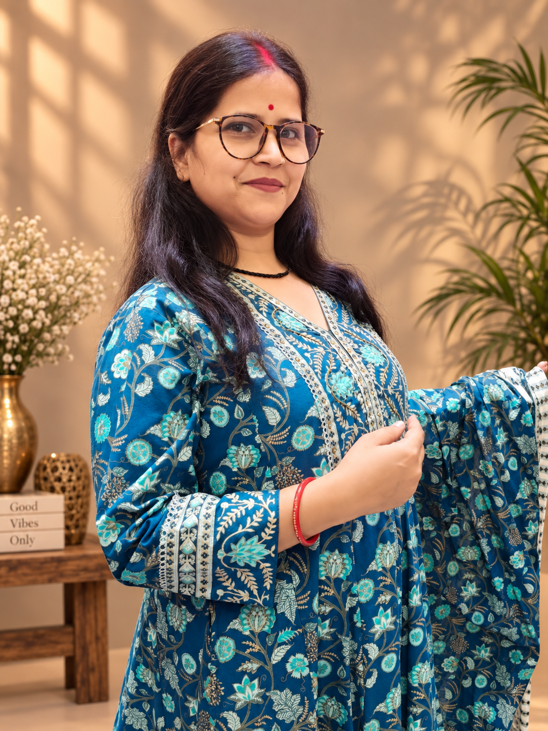 Cotton Anarkali Suit Set – Royal Blue Floral Print