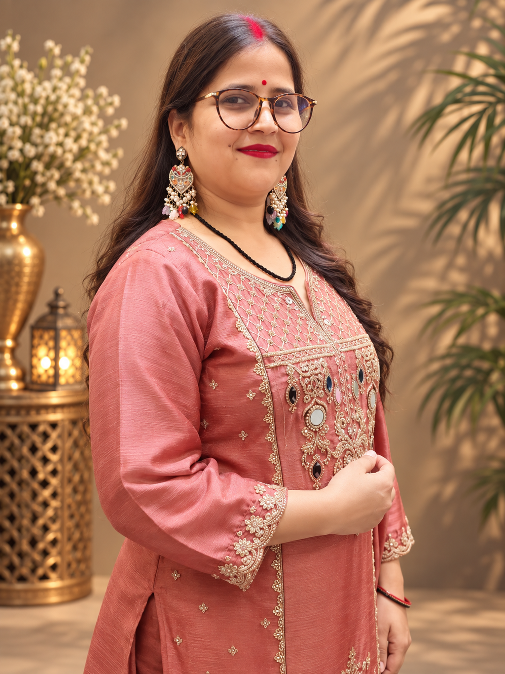 Dusty Rose Mirror Work Sharara Suit Set