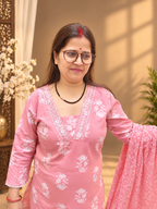 Pastel Pink Floral Printed Cotton Suit Set with Dupatta