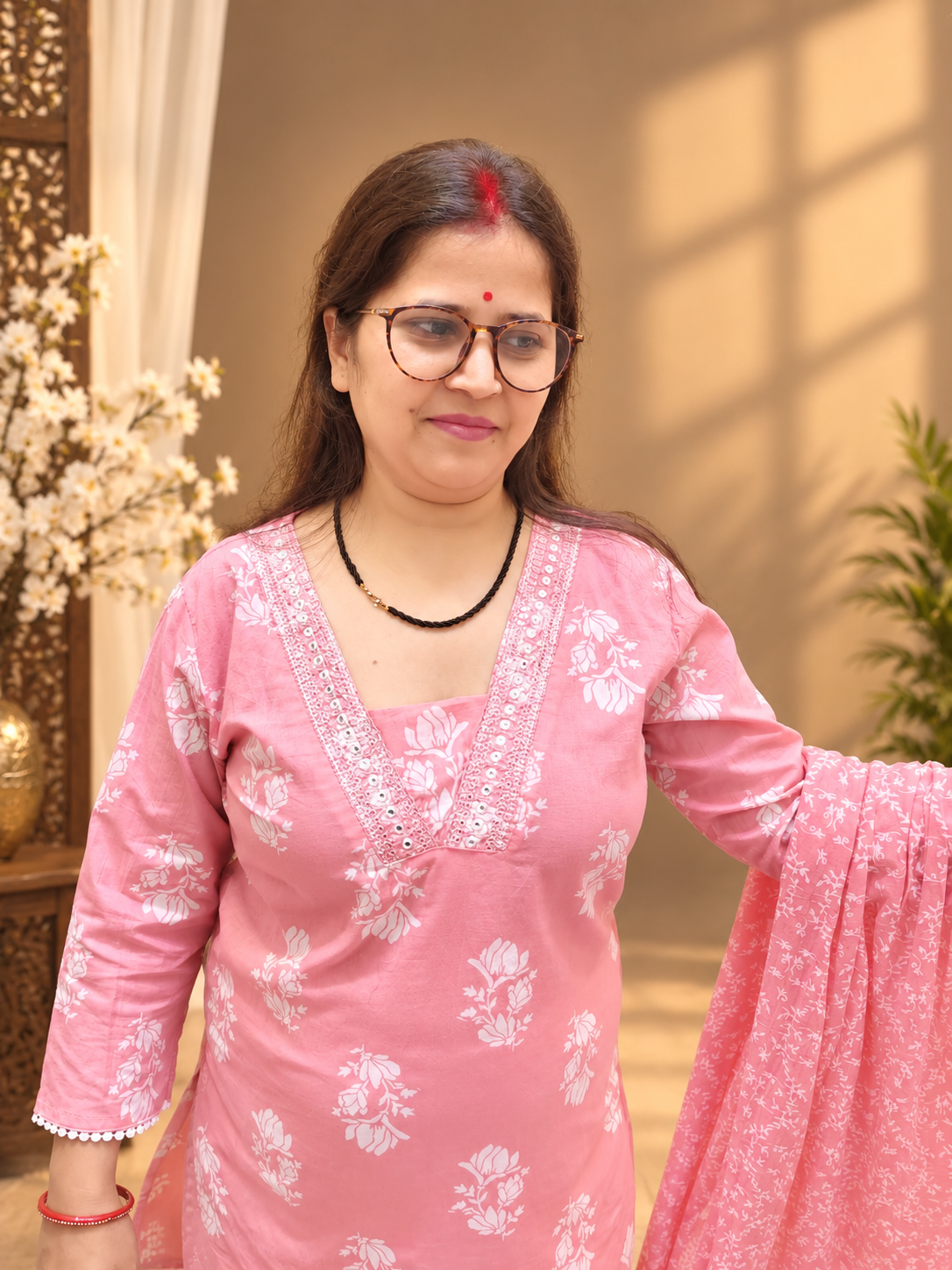 Pastel Pink Floral Printed Cotton Suit Set with Dupatta