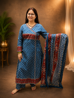 Indigo Ajrak Cotton 3-Piece Suit Set – Angrakha Style
