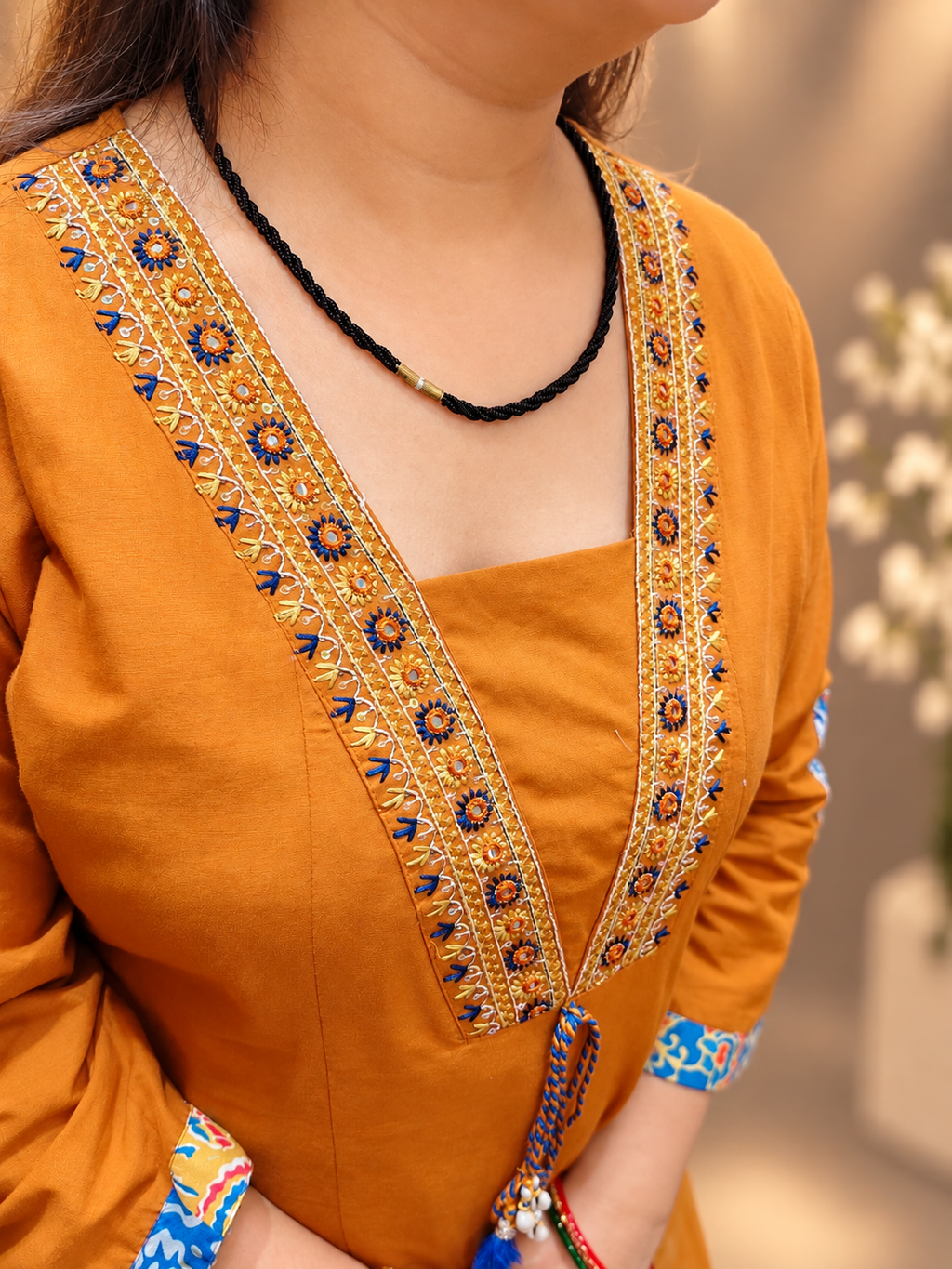 Mustard Ochre Cotton Anarkali Suit with Applique Work