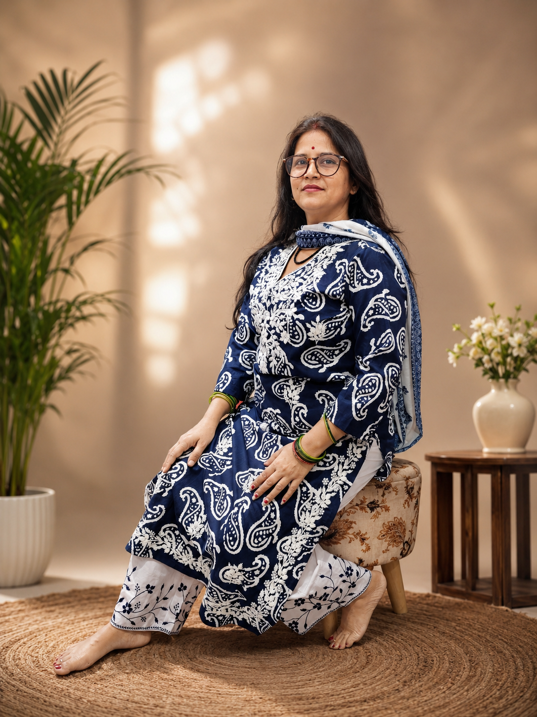 Indigo Printed 3-Piece Suit Set with White Thread Embroidery & Palazzo