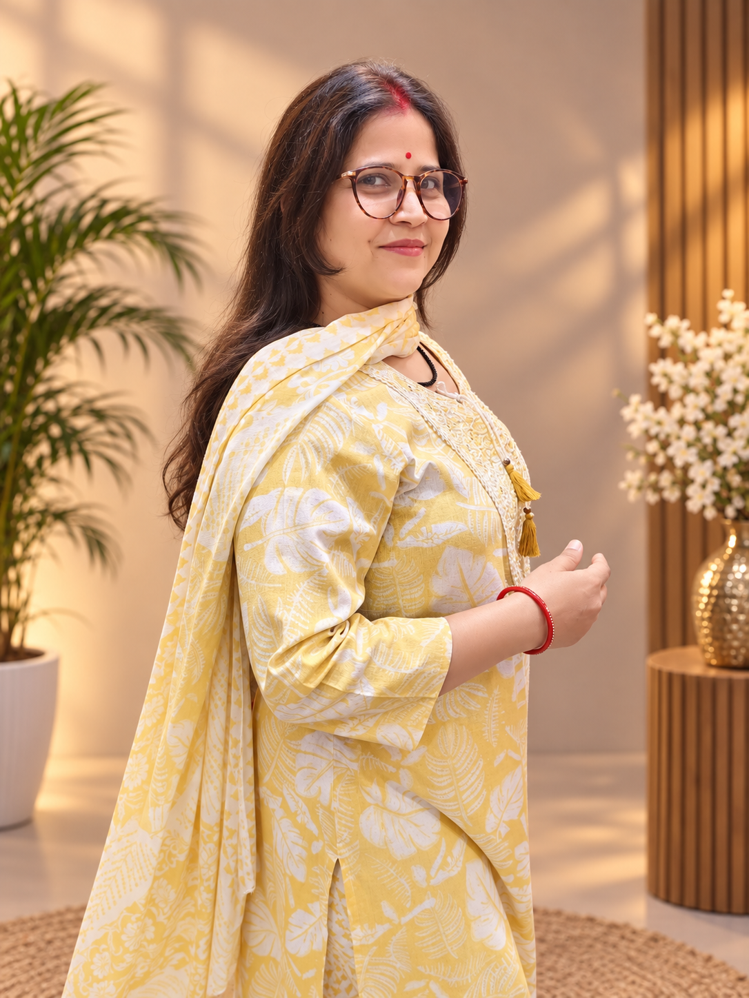 Pastel Lemon Yellow Printed Cotton Suit Set with Dupatta