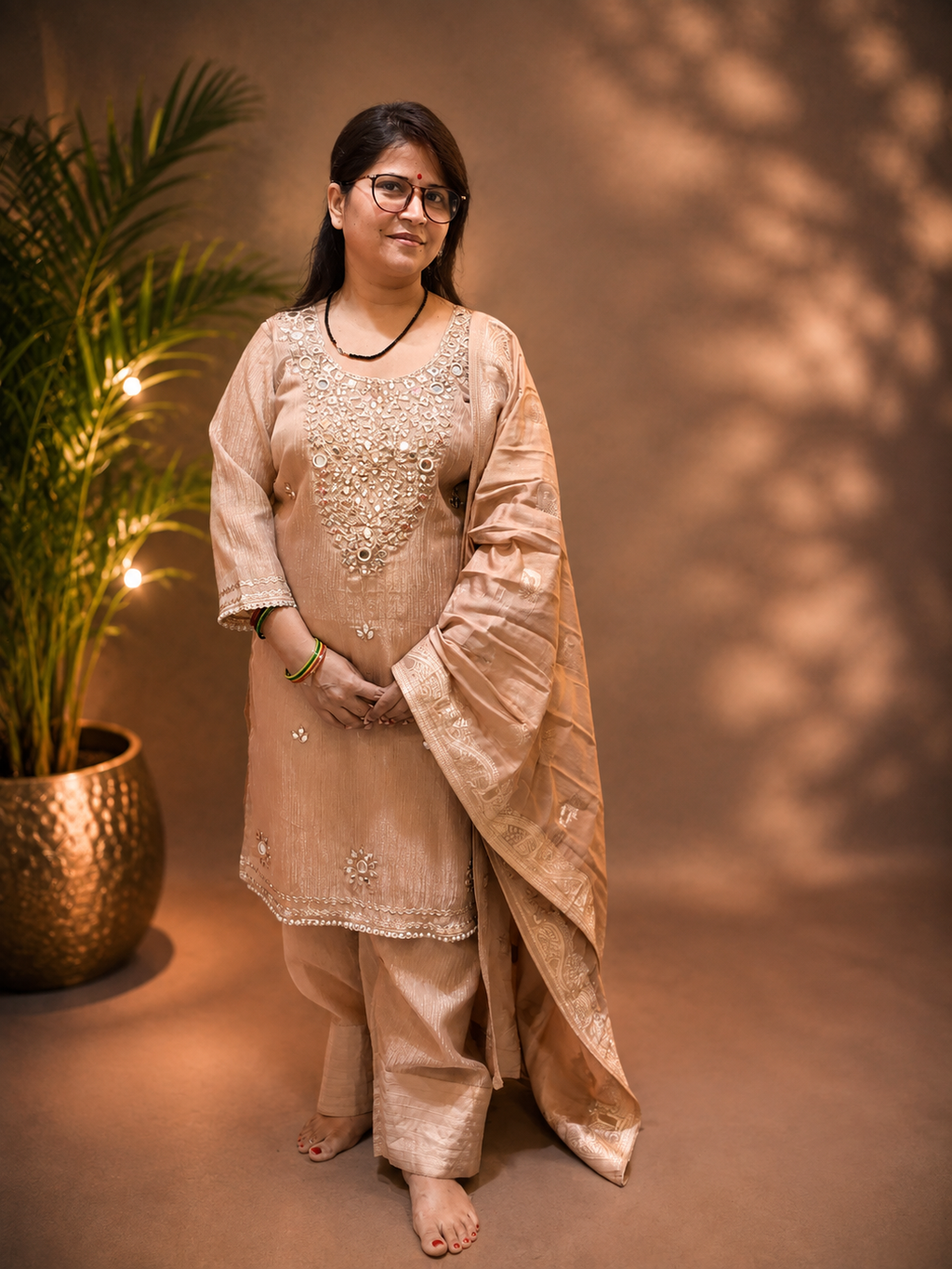 Farsi Salwar 3-Piece Suit Set with Mirror Work & Shimmer Fabric