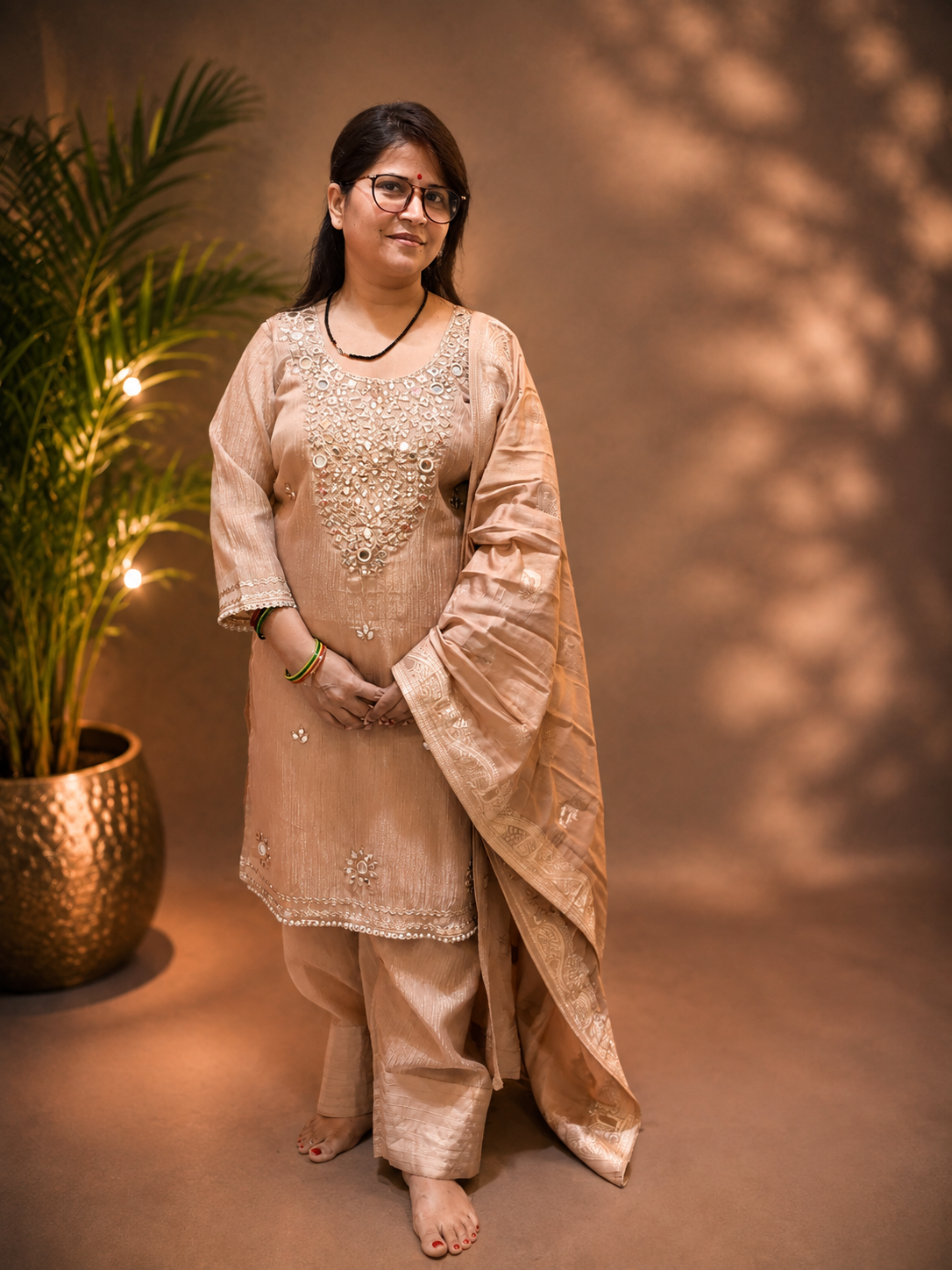 Farsi Salwar 3-Piece Suit Set with Mirror Work & Shimmer Fabric