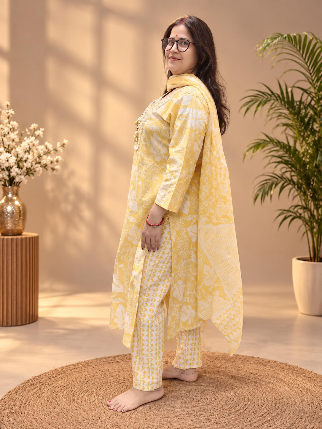 Pastel Lemon Yellow Printed Cotton Suit Set with Dupatta