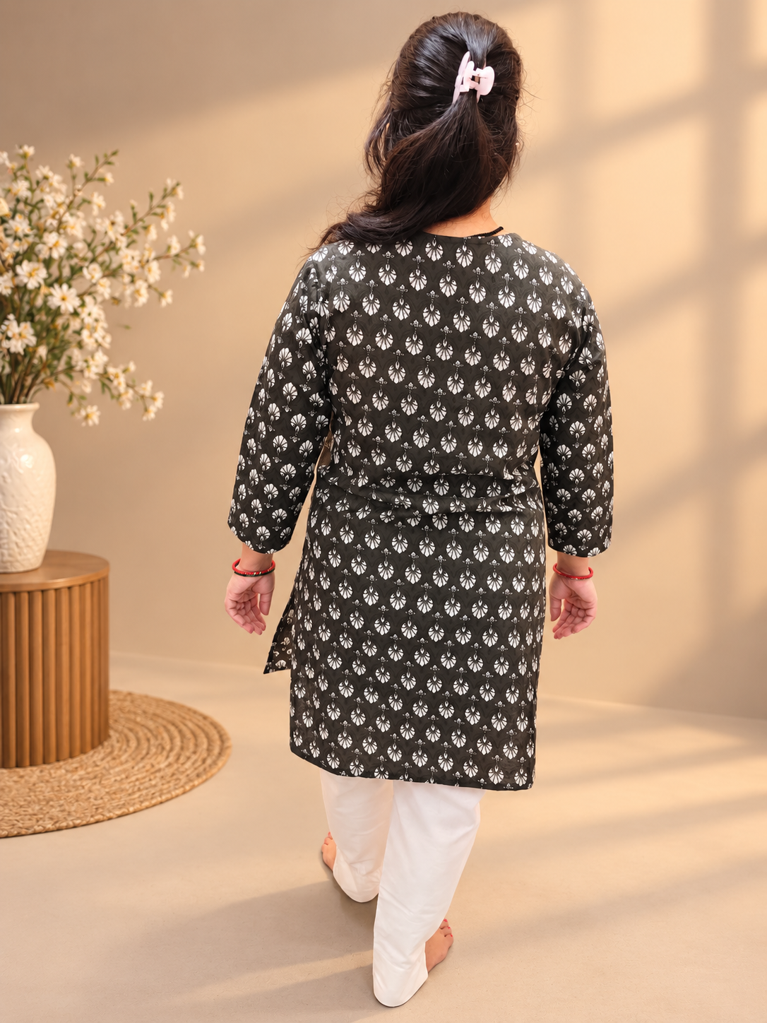 Very Dark Olive Green Printed Cotton Short Kurti
